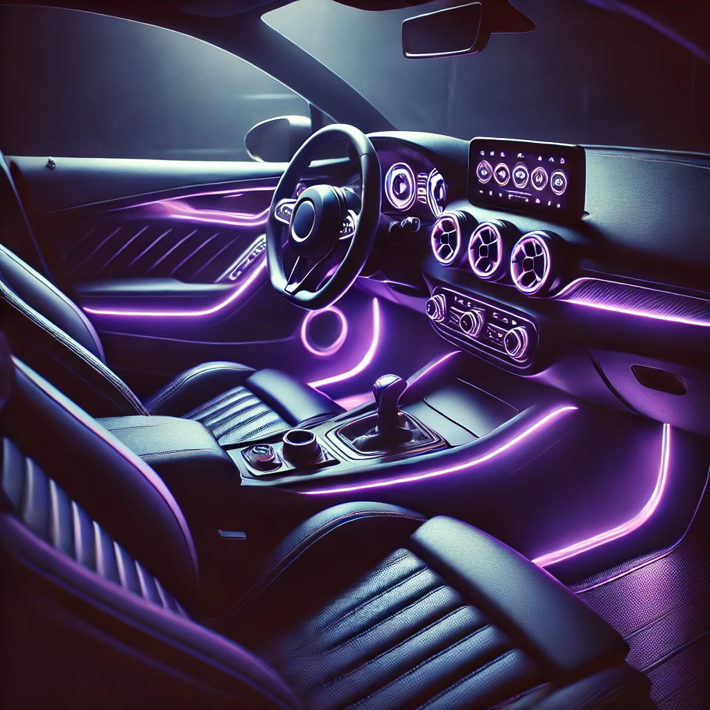 DALL·E 2024-10-21 16.02.37 - A realistic car interior with high exposure, featuring purple LED lights illuminating the dashboard, door panels, and central console. The background